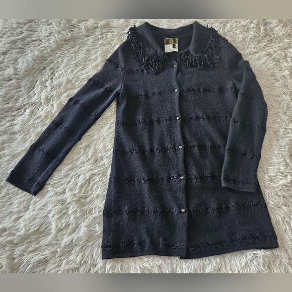 Fendi Sweaters - VINTAGE Fendi Cardigan Sweater Appliqué Stitched Fringe Collar Black Womens 42 8